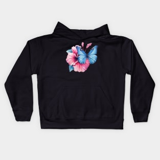 Blue Butterfly on Pink Hibiscus Watercolor Kids Hoodie